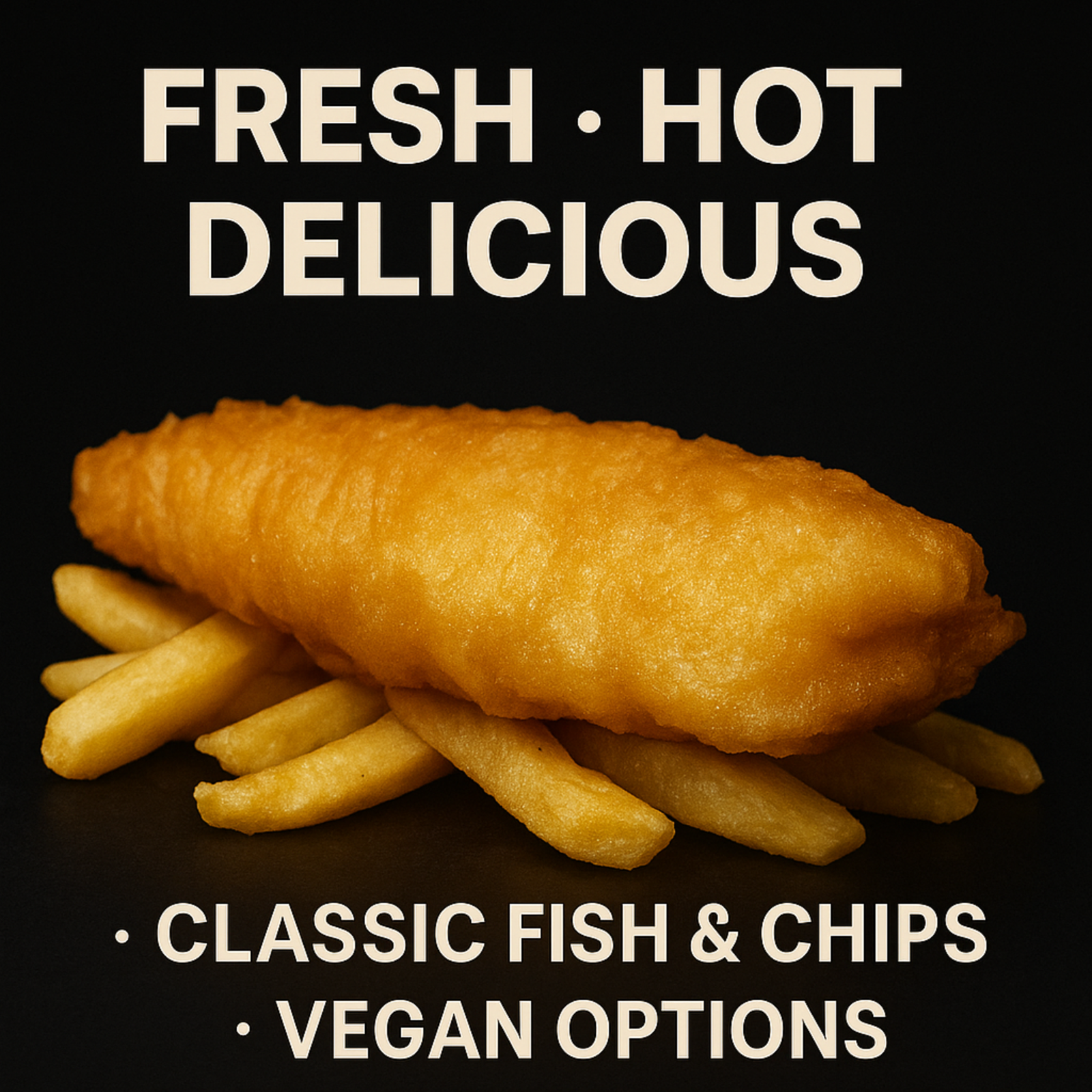 Fresh hot delicious fish and chips with vegan options