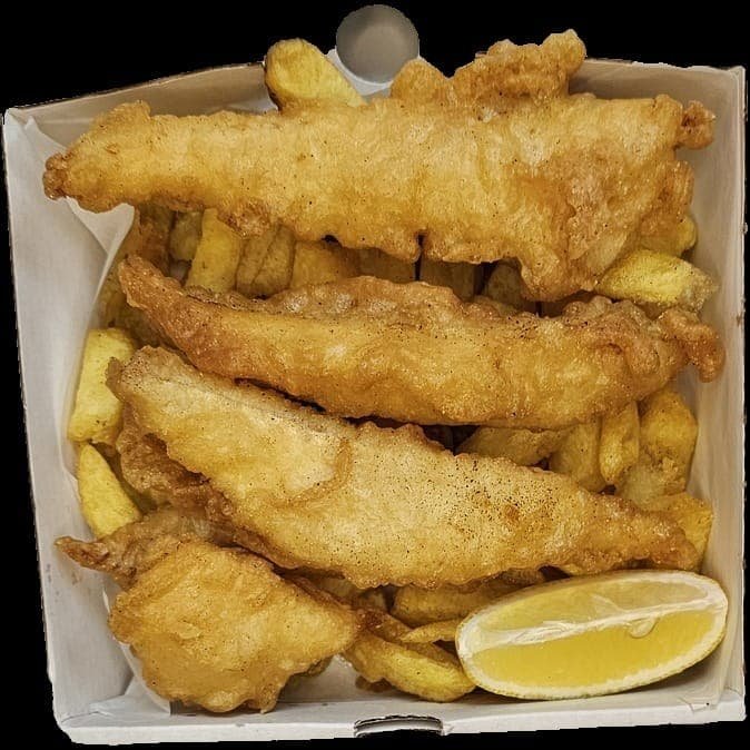 Battered seafood and chips