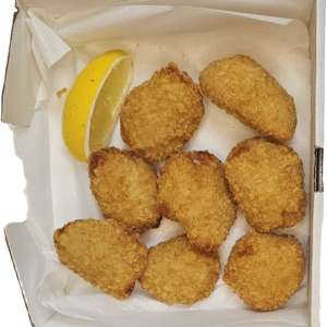 Breaded Scampi in a box with a wedge of a lemon