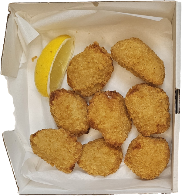 Breaded Scampi in a box with a wedge of a lemon