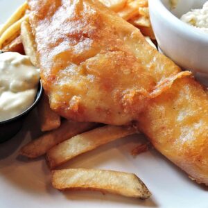 haddock, light batter, coleslaw