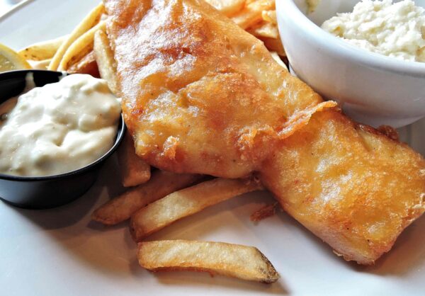 haddock, light batter, coleslaw